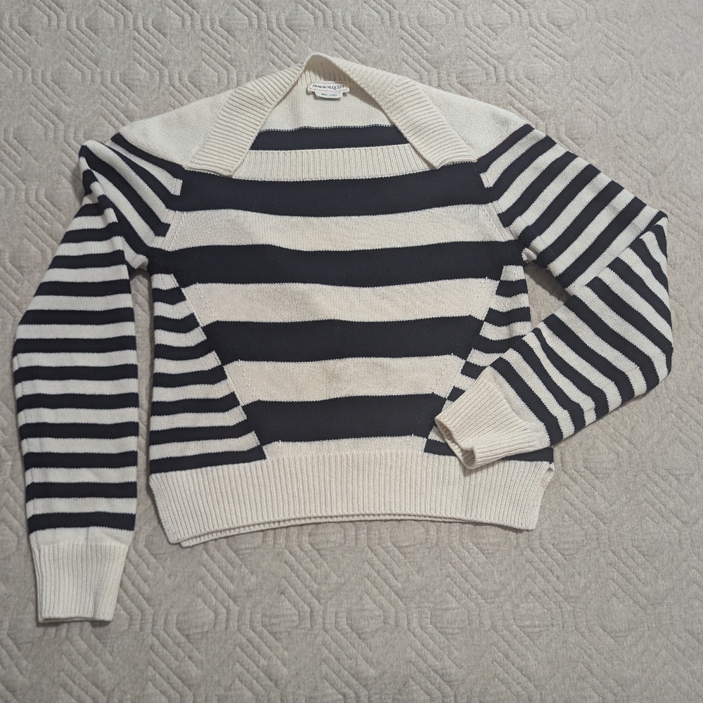 Alexander McQueen Unisex Nautical Sailor Marine Blue Striped Crop Sweater Size M